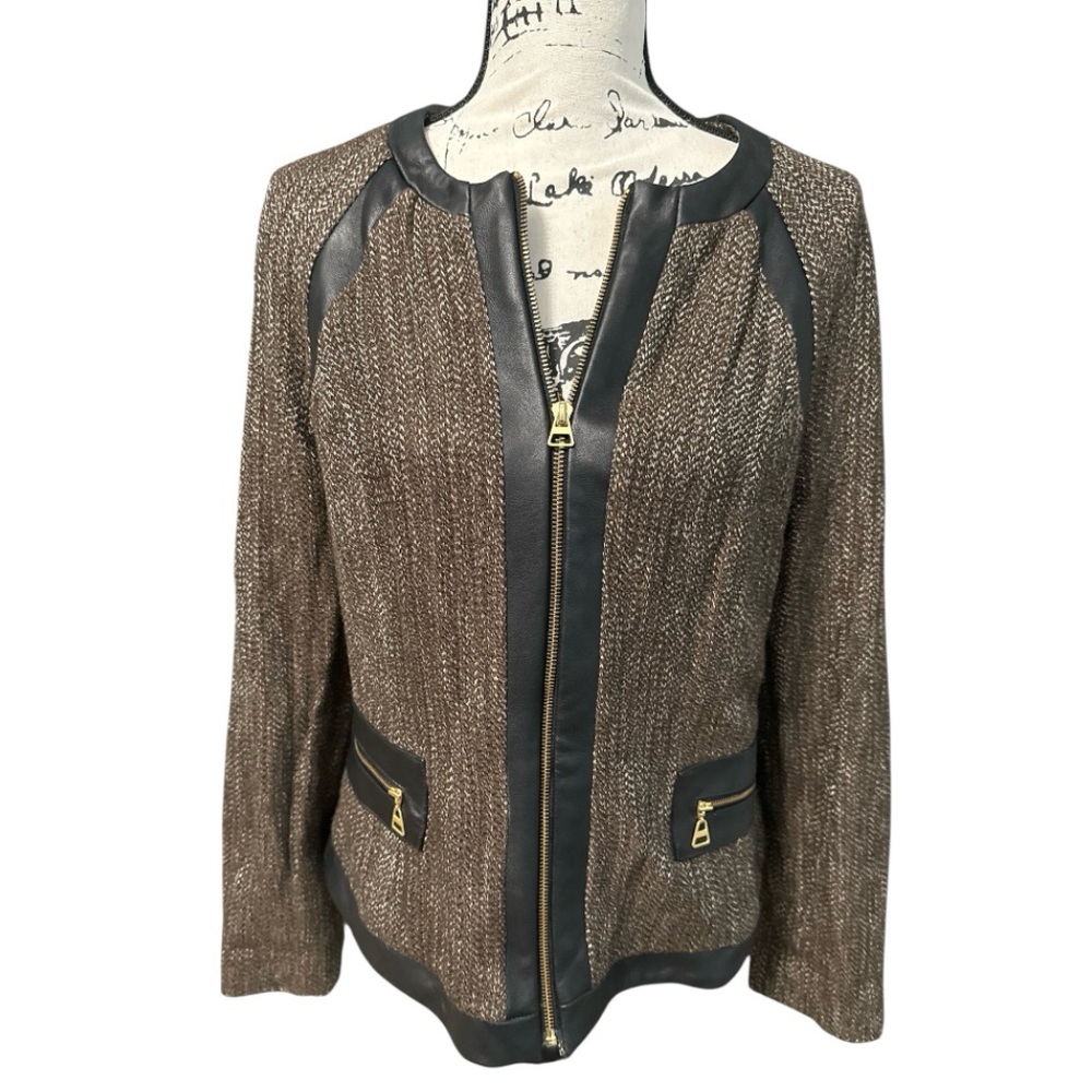 Brown Tweed Blazer Semi Structured Jacket Black Faux Leather Trim Full Zip Up 12